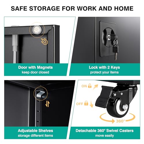 SISESOL Metal Storage Cabinet with Wheels,75 inch Tall Rolling Garage Storage Cabinet with Lock,Black Metal Cabinets with Wheels and Shelves,Deep Heavy Duty Tool Locker for Garage,Home,Office,Shop