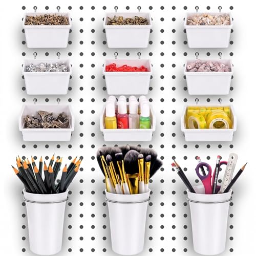 G.CORE 12 Pack Pegboard Bins & Cups with Hooks & Loops, Peg Board Hooks Assortment Organizer Accessory, Various Tools Storage Arrange Kit for Garage Craft Workshop Workbench Hobby Office (White)