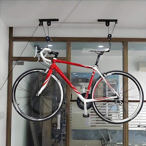 Heavy Duty Garage Ceiling Bike Hoist & Lift System - 100lbs Capacity Overhead Storage Rack for Bicycles, Kayaks, Ladders & Canoes,Space-Saving Pulley Hoist with Secure Locking Mechanism & Wall Hooks
