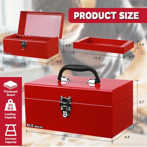 P.I.T. 12 Inch Tool Box,Portable Small Steel ToolBox with Metal Latch Closure for Household, Warehouse,Tools Storage,Red