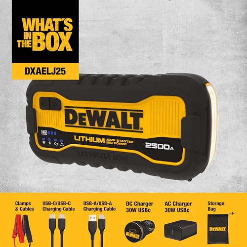 : DEWALT DXAELJ25 2500 Peak Amp Portable Lithium Jump Starter with USB-C (25W, 60W in/Out) and USB-A (15W)