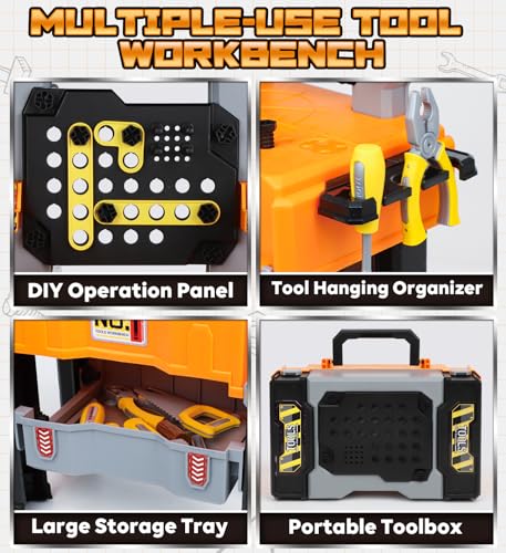 Lehoo Castle Kids Tool Bench with Electric Drill and Construction Vehicles, 2-in-1 Workbench and Toolbox for Toddlers, STEM Learning Toys for Age 3-5, Birthday Gift for Boys & Girls