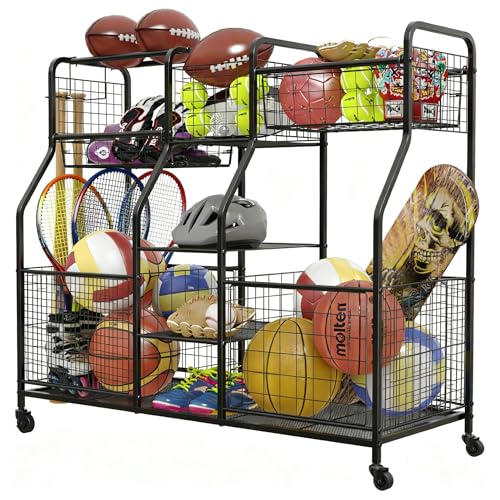 LUMAMU Garage Sports Equipment Organizer, Ball Storage Rack, Garage Organizer System, Indoor/Outdoor Sports Rack, Sports Gear Storage Rack for Basketballs Footballs Volleyball, Black