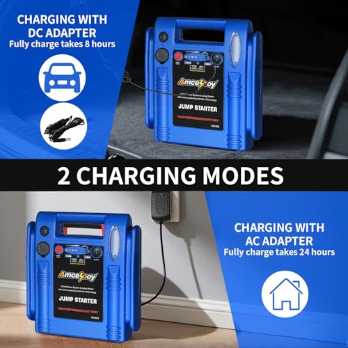 Amcelooy 2000 Peak Amp Car Battery Jump Starter, 12V Booster for Up to 8.0L Gas & 8.0L Diesel Engines, Portable Jump Box with LED Light, USB & DC Ports