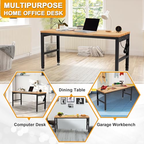 HABUTWAY Height Adjustable Workbench 60" 2000 Lbs Capacity Solid Wood Work Station Heavy-Duty Work Tables with Power Outlets for Garage Party Shop Office