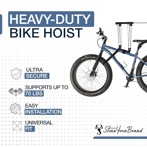 StoreYourBoard Bike Hoist, No-Slip Bicycle Ceiling Storage, Heavy-Duty Garage Pulley Lift System, Road, MTB, Fat Tire, Ebike Hanger