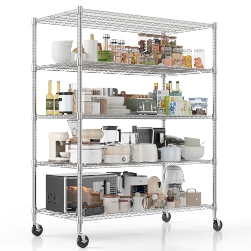Homdox 5 Tier Heavy Duty Storage Shelves, Wire Shelving Unit with Wheels, Commercial Adjustable Metal Shelves for Storage, Garage Rack Pantry Shelves Kitchen Shelving, 24"x 60"x 82", Chrome