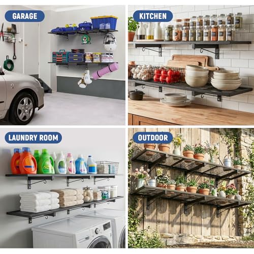 2 Pack Garage Wall Shelf, Heavy Duty Garage Shelving, 46"X 12.5" Wall Mounted Floating Shelves, Metal Hanging Storage Rack with 8 Hooks, Utility Organizer Max Load 320 LBS for Laundry Room, Workshop