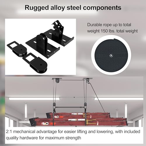 TRUSOON Ladder Storage, Larger Pulley Ladder Hoist, Self Locking Function Ladder Hanger, Garage Ceiling Mount Lift System for Kayak, Cargo Box, Canoe, Bike,Fit 10-14 Foot Ceilings, Hold 150 lbs