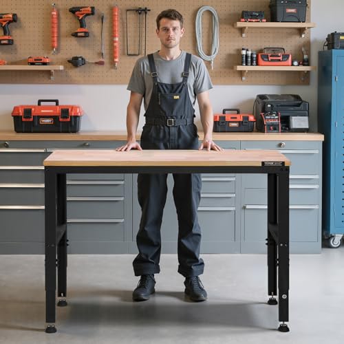 VEVOR Adjustable Workbench, 48 x 20-inch Heavy Duty Work Bench with 28.5-38.3 Inches Height Adjustment, 2000 lbs Capacity Garage Workbench with Power Outlets, Suitable for Office, Garage, Workshop