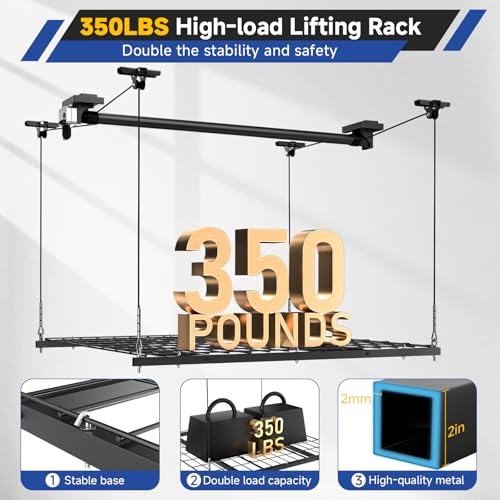 GADFISH Garage Ceiling Lift Storage Rack, Easy Lifting 85" Height 4x4 Ft Overhead Garage Storage Rack for Space Saving with Safety Lock, Suitable for 16"/24" Ceiling, 350LBS Capacity