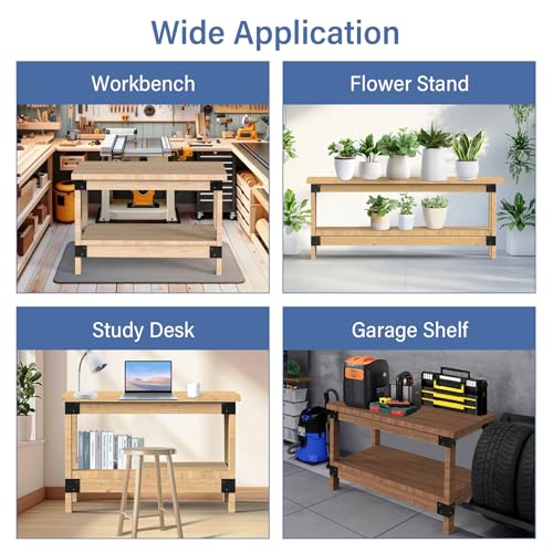 Neorexon Workbench Bracket Kit 8PCS, Heavy Duty 3-Way Brackets for Garage Workbench Legs Bracket, Metal DIY Workbench Kit for Shelving, Work Table, Fits 2x4(Actual 1.5"x3.5")Wood, Lumber Not Included