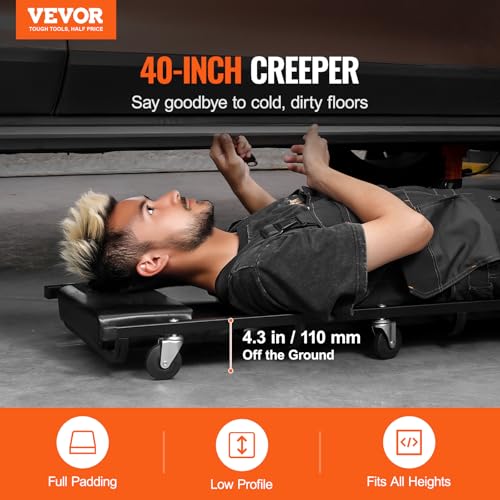 VEVOR Mechanic Garage Creeper, 40-Inch, 300 lbs Capacity Automotive Rolling Creeper with 6 Casters Adjustable Cushioned Headrest, Heavy Duty Steel Frame Low Profile for Garages, Repair Shops, and DIY
