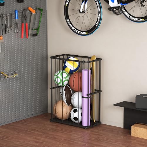 Garage Ball Storage Wall-Mounted & Floor Sports Equipment Organizer: Sports Ball Rack with Elastic Rope, Holder for Basketball, Soccer, Volleyball, Football, Garage, Gym, Black(Patent Pending)