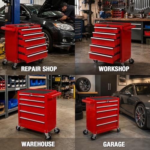 YELLOW JACKET Rolling Tool Chest 5 Drawers, Portable Tool Storage Cabinet with Wheels, Tool Cabinet Organizer with Locking System & Drawer Liners, Tool Storage Cart for Garage, Workshop, Red