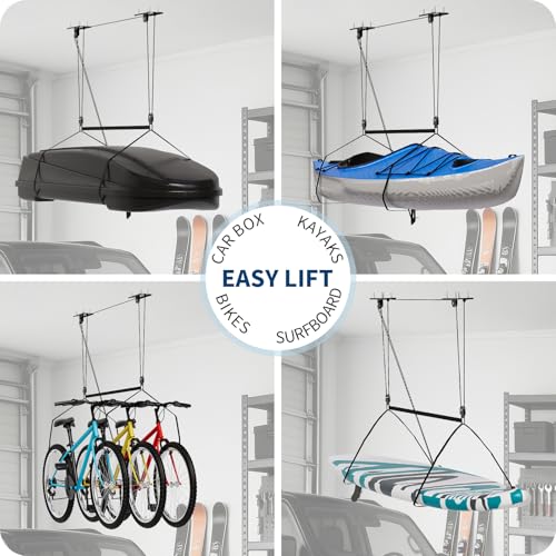 Garvee Heavy‑Duty Cargo Box Garage Pulley System, Ceiling Hoist Kit for 8–10 ft Ceilings, 150 Lbs Capacity with Dual Fixed‑Point Design, Adjustable Lifting Straps, Ideal Ceiling Mounted Storage Racks