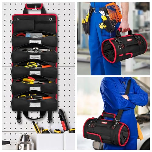 Tool Bag,Large Roll Up Tool Bag Organizer,13 Pockets Tool Roll Storage Pouch,Heavy Duty Portable Tool Storage Carrier Bag for Men,Mechanic,Electrician,Valentines Day Gifts for Men,Black/Red