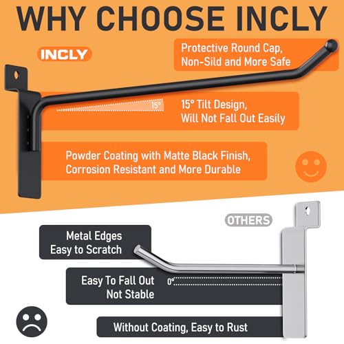INCLY 60 Pack Slatwall Hooks, 4/6/8 Inch Heavy Duty Black Slat Wall Hanging Hook and Hanger, Slatwall Panel Accessories Assortment Display Hooks for Garages, Sheds, Basements, Retail Stores