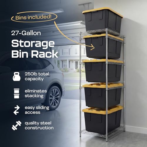 Bin Storage Rack with 5-Pack 27 Gallon Storage Totes – Holiday Decoration Organization, Declutter, NSF Certified, Zinc Plated, Heavy Duty Metal for Garage or Workspace, Steel, 31″ x 23″ x 72″