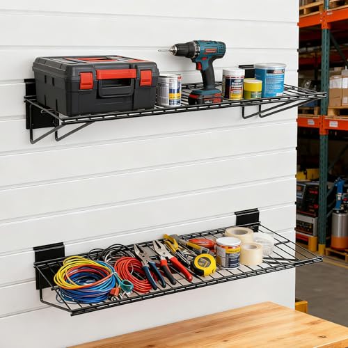 LYYUWE 20PCS Slatwall Accessories Set, Includes 2 Pack Slatwall Wire Shelves (24 inches Width) and 18 Pack Heavy Duty Multisize Slatwall Hooks for Garage Organization, Retail Display (24 Inch)