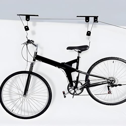 Heavy Duty Garage Ceiling Bike Hoist & Lift System - 100lbs Capacity Overhead Storage Rack for Bicycles, Kayaks, Ladders & Canoes,Space-Saving Pulley Hoist with Secure Locking Mechanism & Wall Hooks