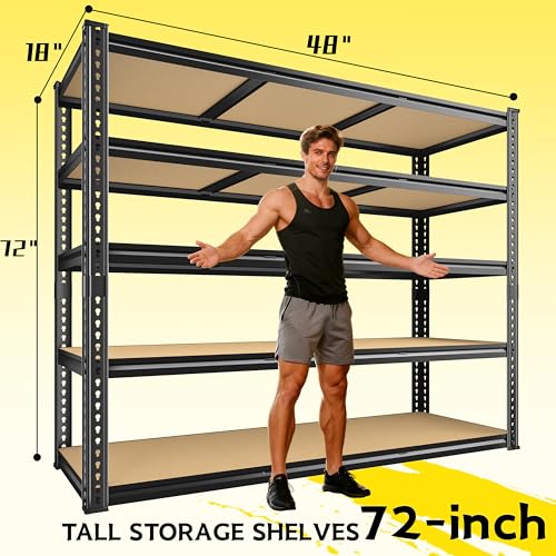 48" W Garage Shelving Heavy Duty 2800LBS Garage Storage Shelves, 5 Tier Adjustable Metal Shelving Unit Utility Rack Shelf for Warehouse, Pantry, Closet, Kitchen Industrial72" H x 48" W x 18" D, Black