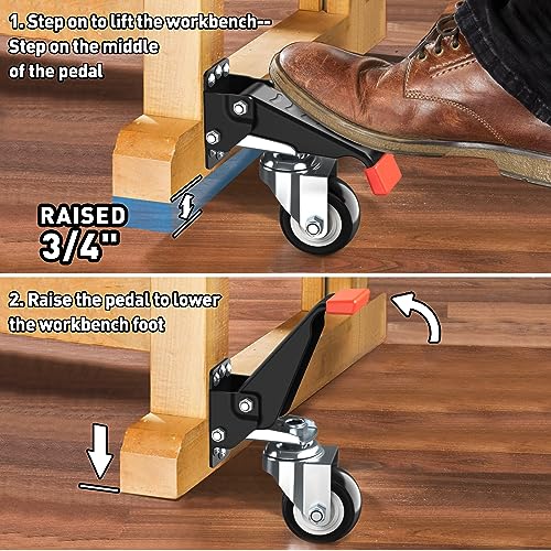SPACEKEEPER Workbench Casters kit 660 Lbs - Retractable Casters Heavy Duty Bench Caster Wheels Designed for Workbenches Machinery & Tables, 4 Pack