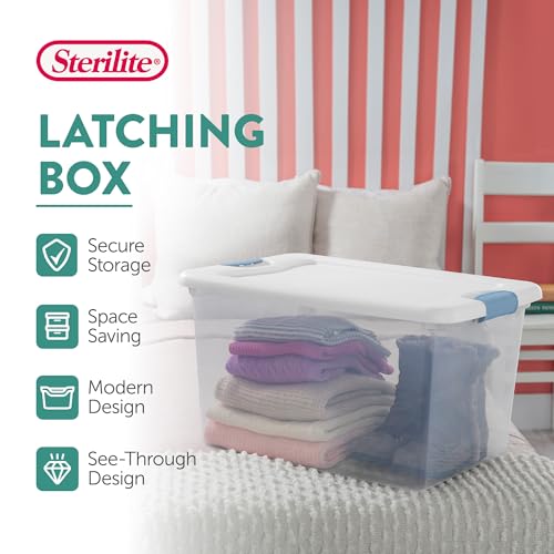 Sterilite 4-Pack 64 Quart Latching Box, Clear Plastic Storage Organizer Bins with White Lids - Large Stackable Containers for Home Bedroom, Dorm Room, and Closet Organization