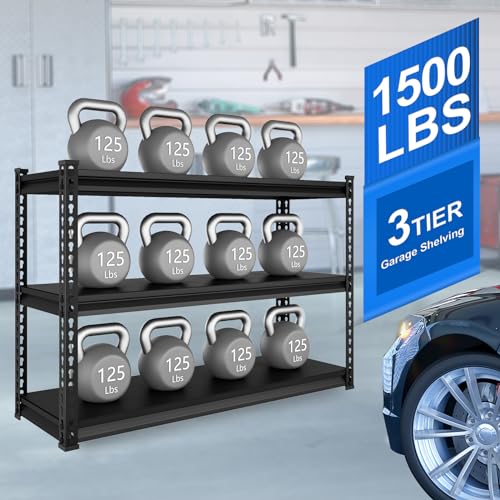 SDXYSTCE 48" W Garage Shelving Heavy Duty, 1500LBS Loads Adjustable Garage Storage Shelves, 3-Tier Metal Shelving Units and Storage Racks, Industrial Utility Shelf,48" Wx18 Dx39 H, Black