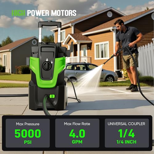 5000PSI Heavy Duty Pressure Washer, 3-Speed Adjustable Power Washer with 2-Stage Pull Rod, 4 Nozzles, Foam Cannon & 500ml Soap Bottle for Car, Home & Outdoor Cleaning,Green