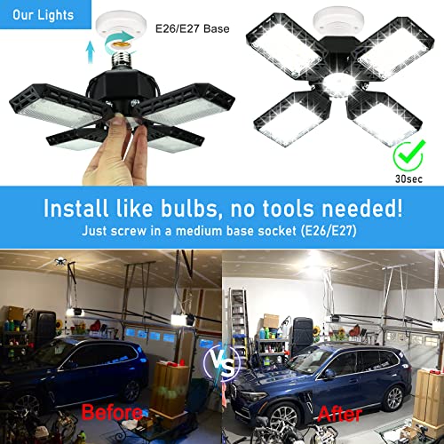 QiyuanLS LED Garage Light,150W Deformable Garage Ceiling Lights,15000LM, 4 Adjustable Panels, E26/E27 Shop Lights for Basement, Barn, Workshop,High Bay Light