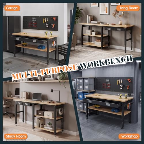 SPECRAFT 72" 2-Tier Heavy Duty Work Bench with Drawer & Pegboard, Workbench with Storage, Adjustable Height – 5200 LBS Capacity, Power Outlets, for Garage, Workshop & Home Use