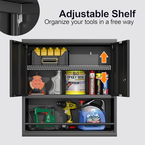 GREATMEET Locking Wall Mounted Garage Cabinet, Black Metal Steel Hanging Storage Cabinets, Lockable Tool Cabinet for Garage Shop, Floating Wall Mount Cabinet