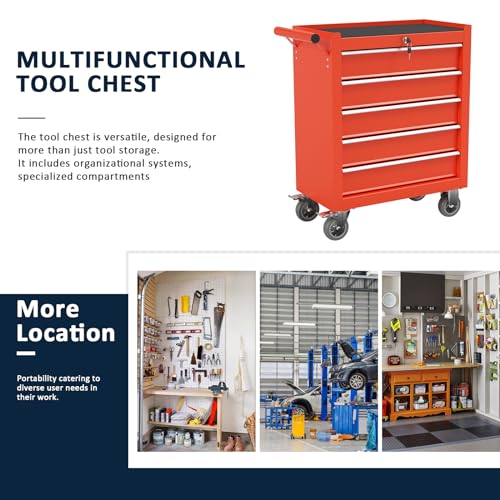 OAKANDO 5-Drawer Metal Rolling Tool Chest with Wheels,Tool Storage Cabinet with Locking System，Toolbox with Wheels for Garage, Warehouse, Workshop, Repair Shop (Red, 5-Drawer)