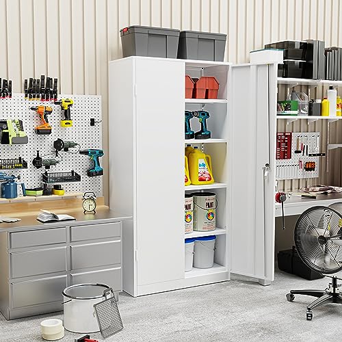 Crownland 72" Lockable Metal Storage Cabinet, Garage Storage Cabinets, High Office Cabinet with Adjustable Shelves for Garage, Home Office,Pantry, File(White)