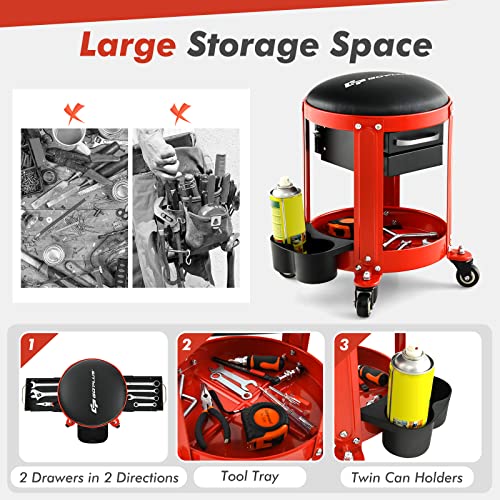 Goplus Rolling Mechanic Stool, Shop Stool Creeper Seat with Removable Padded Seat, 2 Drawers, Tool Tray, Twin Can Holder, Universal Wheels, Round Garage Workshop Chair, 330 Lbs Max Capacity (Red)