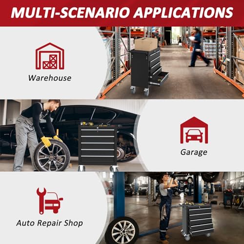 Kieperi 5 Drawers Rolling Tool Chest with Wheels, Portable Rolling Tool Boxes with Wheels, Tool Box Storage Cabinet with Locking System for Garage (Black, 5 Drawers)