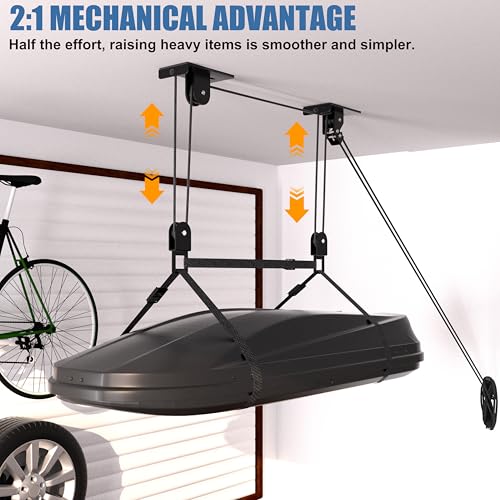 KOSEOO Cargo Box Pulley System for Garage Storage, Heavy-Duty Kayak/Canoes/Bikes/Ladders Ceiling Hoist, Hold Up to 150 lbs Capacity, Fit 10-18 Foot Ceilings, Black
