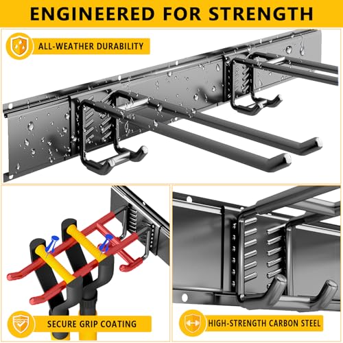 Tebgeag Garage Tool Organizer Wall Mount, 48inch Heavy-Duty Garage Storage System and Garden Tool Organizer with 6 Adjustable Double Hooks for Shovel, Snowboard, Yard Tools and Shed