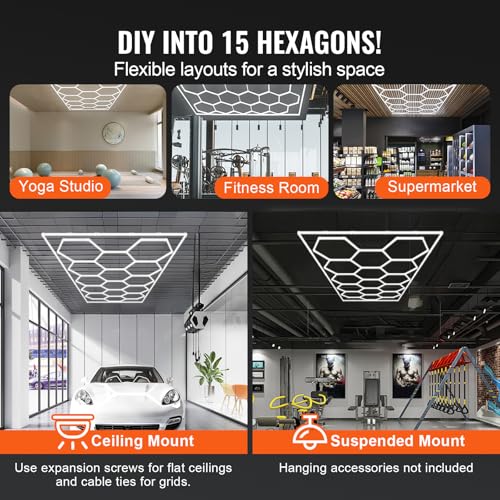 VEVOR Hexagon Garage Lights, 66300LM, 6500K 15 Grid Systems Honeycomb Hexagonal Garage LED Lights, DIY Cool White Car Detailing Ceiling Lighting Bright Shop Light for Gym Basement Workshop