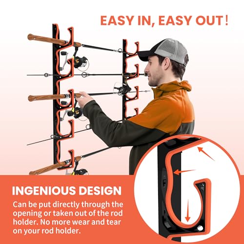 Gocozer Fishing Rod Holder for Garage, H5 Wall or Ceiling Mounted Fishing Pole Holders with Soft Protective Pad, Fishing Rod Storage Organizer, Horizontal Fishing Rod Wall Mount Nets Storage (4 PACK)