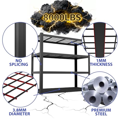 YWTA 71" Wx71 H Industrial Shelving,8000LBS Garage Storage Shelves,4 Tier Adjustable Metal Shelving,Heavy Duty Shelving for Factory, Garage,Warehouse,Barn (1)