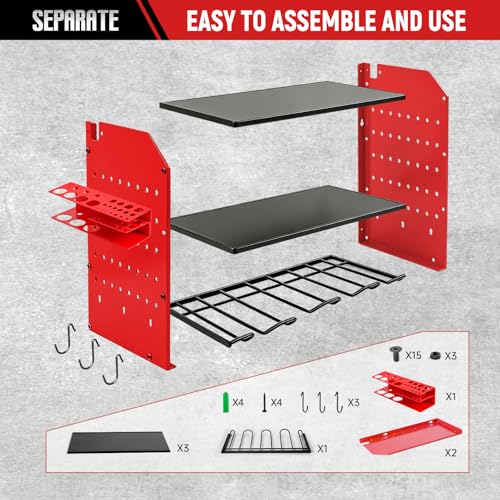 YKNIUNIU Power Tool Organizer Wall Mount, Garage Drill Storage Shelf with Hooks, Heavy Duty Metal Premium Garage Tool Shelf,Cordless Tool Storage Rack for Garage, Tool Room,Red