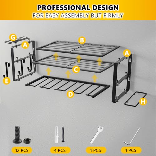 YHYLWJ Wall Mount Power Tool Organizer, 3 Layers Garage Wall Organize with 4 Cordless Drill Holders, Storage Rack for Workshop/Garage, 150Lbs Load Capacity, Heavy Duty Iron, Matte Black