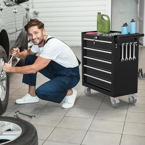 Granper 5-Drawer Rolling Tool Chest, Tool Box with 4 Wheels and Drawers, High Capacity Detachable Mobile Tool Storage Cabinet for Garage, Workshop, Mechanics and Repair Room (Black)
