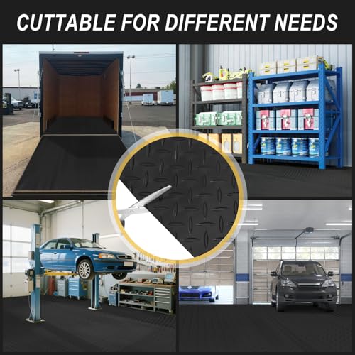 7.5x18 FT Garage Floor Mat, Flooring Roll with 20Pcs Tapes, 135 sqft Diamond Plate PVC Rubber Trailer Mat, Non-Slip Floor Mat for Garage, Warehouse, Gyms, Trailer, Pickup Truck (Black)