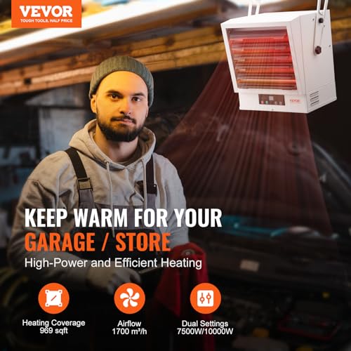 VEVOR Electric Garage Heater, 10000 Watt Digital Fan Forced Wall Ceiling Mount Shop Heater, Remote Control, Overheat Protection, Hardwired Heater with 9 Hour Timer, ETL Listed