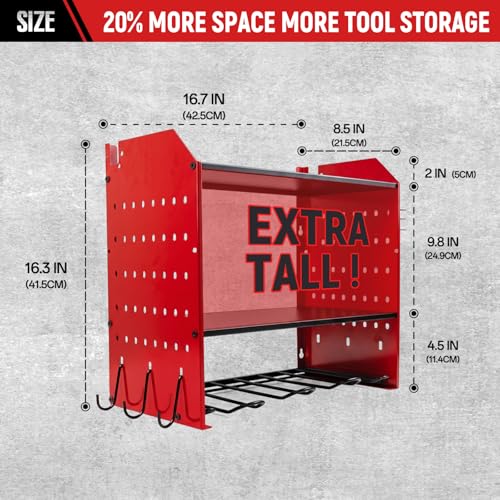 YKNIUNIU Power Tool Organizer Wall Mount, Garage Drill Storage Shelf with Hooks, Heavy Duty Metal Premium Garage Tool Shelf,Cordless Tool Storage Rack for Garage, Tool Room,Red