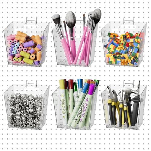G.CORE Large Pegboard Cups Peg Board Storage Bin 6 Pack with Hooks, Square Box Shape Pegboard Cup Holder Accessories for Garage Workbench/Craft Room/Office/Playroom/Home Kitchen Organization (Clear)