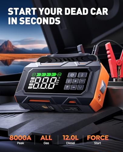 TREKURE 16-in-1 8000A Car Battery Jump Starter with Air Compressor 160PSI, Jump Starter Jump Box (All Gas 12L Diesel) with Portable Jumper Cables, Auto-Shutoff Tire Inflator, Gloves, Tow Rope